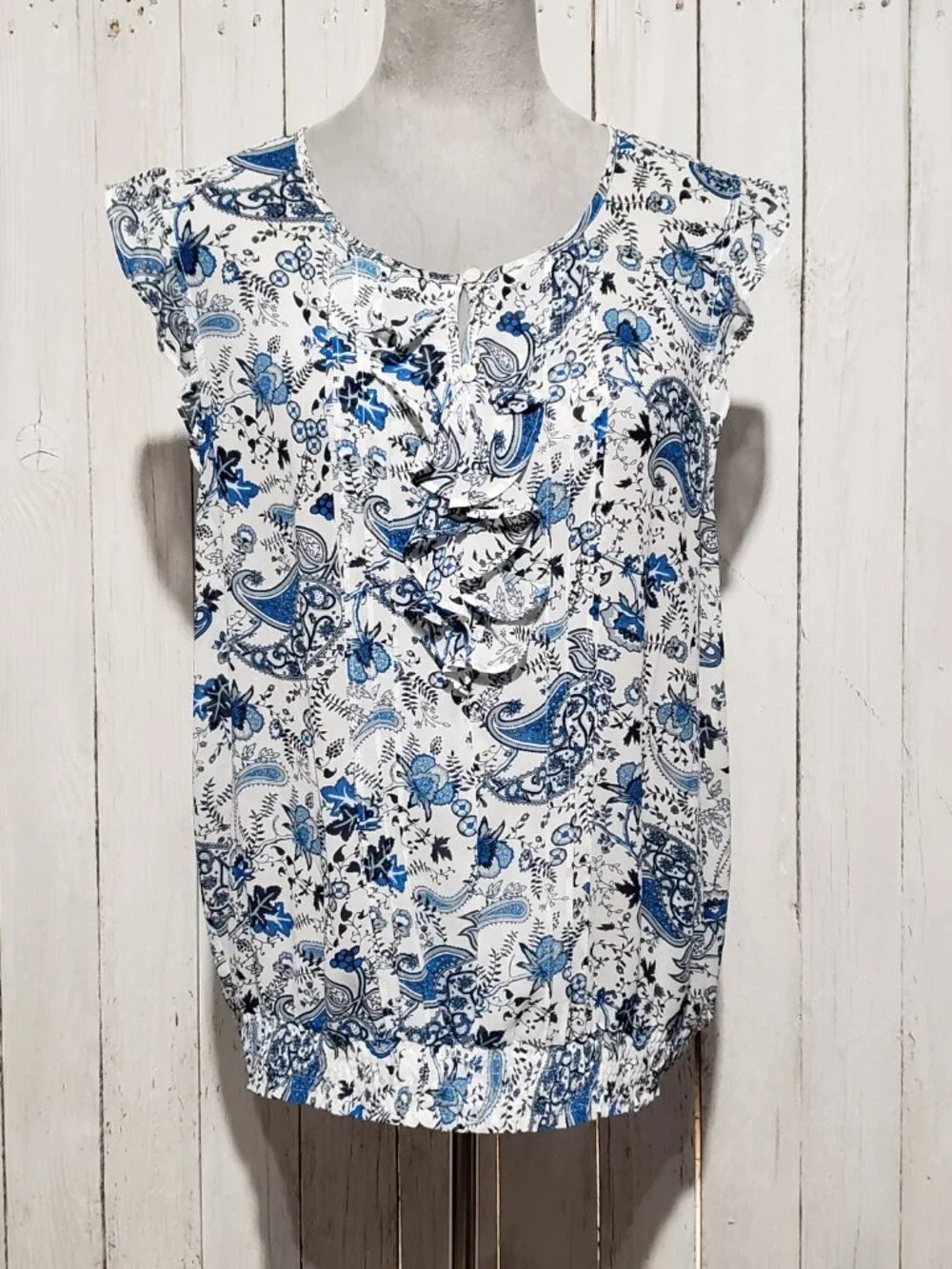 Jessica Blue Paisley Abstract Floral Top Ruffle Y2K Boho Chic Cottage Romantic - Picture 2 of 8